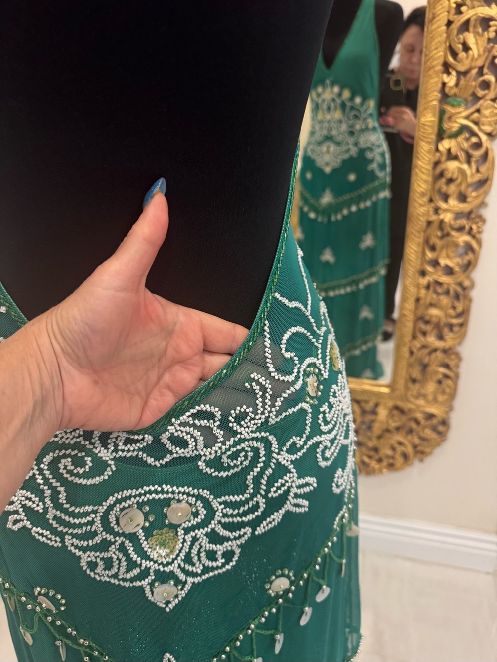 Emerald Green Halter Maxi Dress with hand beaded & hand Embroidery/ real shells - Picture 8 of 12